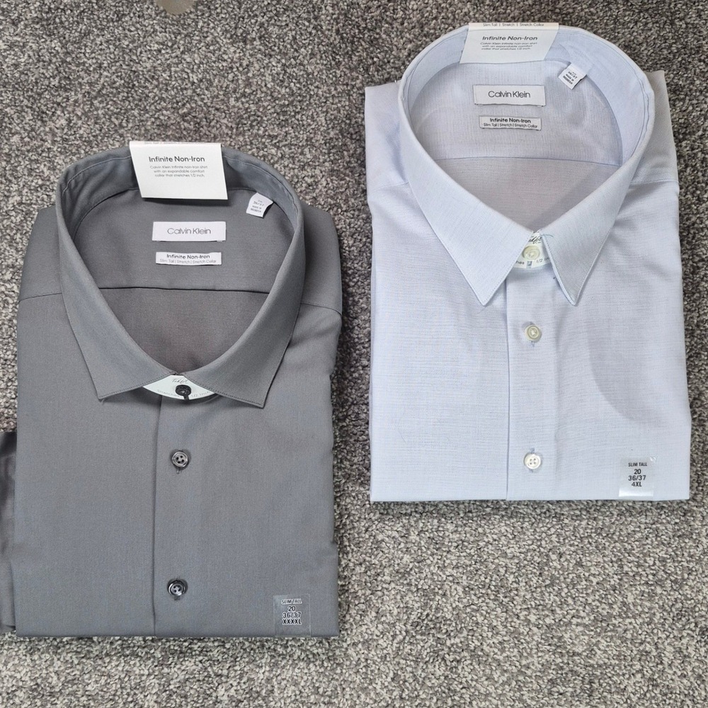 NWT 2 Calvin Klein Dress Shirts Mens 20 36/37 4XL Infinite Non-Iron Blue & Gray